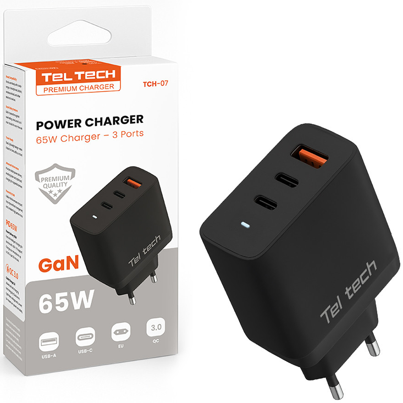 Ładowarka sieciowa Teltech 65 W 2 x USB-C + 1 x USB-A Czarna - Black