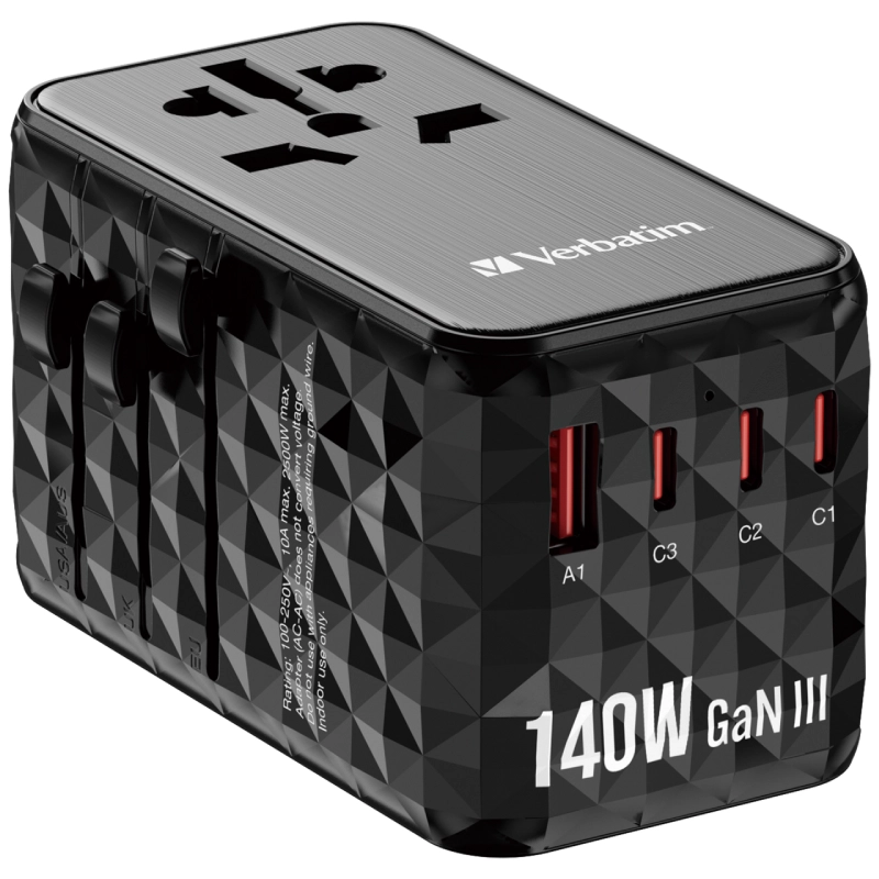 Adapter podróżny Verbatim 3x USB-C 1x USB-A 1x AC Czarny - Black