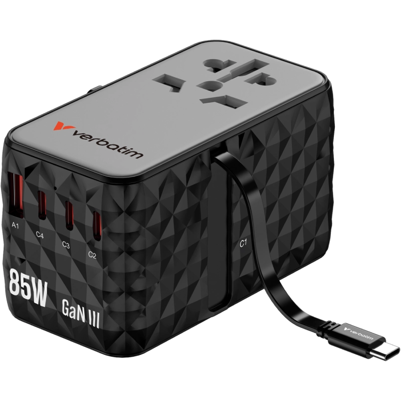 Adapter podróżny Verbatim 2x USB-C 2x USB-A 1x AC + 1x Kabel USB-C Czarny - Black