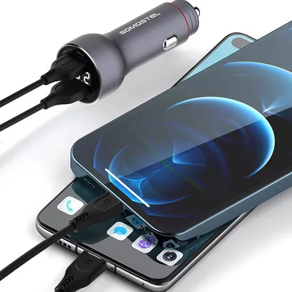 Ładowarka samochodowa do telefonu 2x USB 5A metalowa Somostel czarna + kabel USB-C